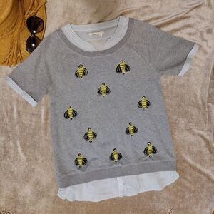 Anthropologie Floreat Beaded Bee Patch Sweater Top with Shirt Style Trim, size S